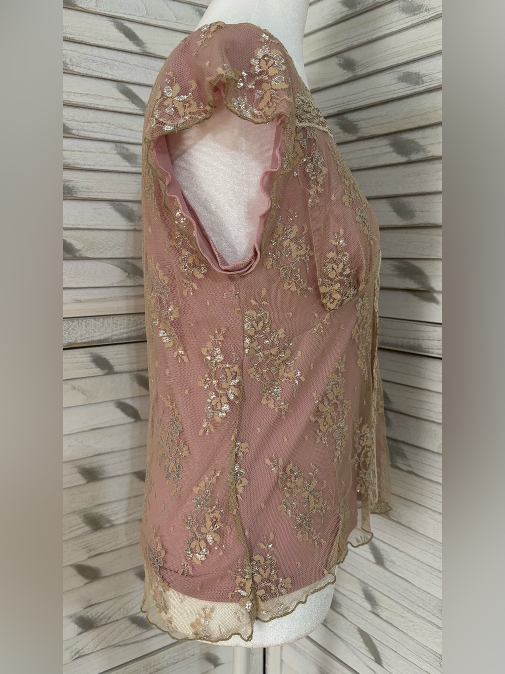 INC International Concepts Dusty Rose Lace-Trim Floral Sheer Blouse - Picture 2 of 5